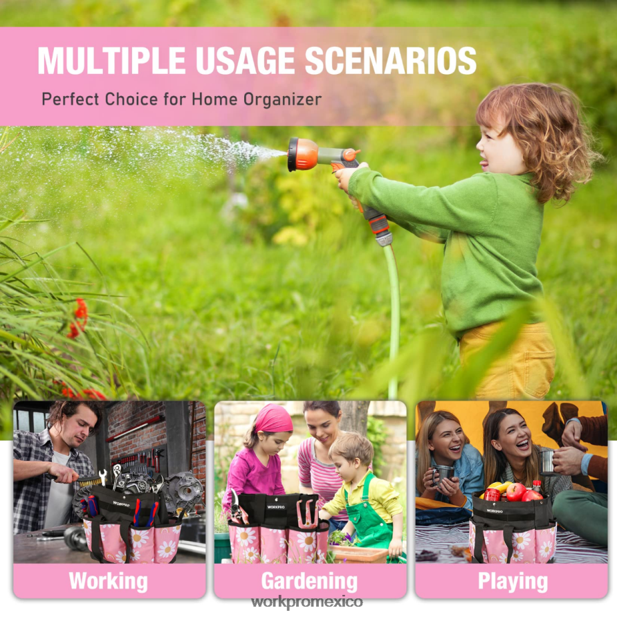 WORKPRO bolsa de herramientas de jardín con 9 bolsillos blanco floral/rosa floral almacenamiento V82RH2286