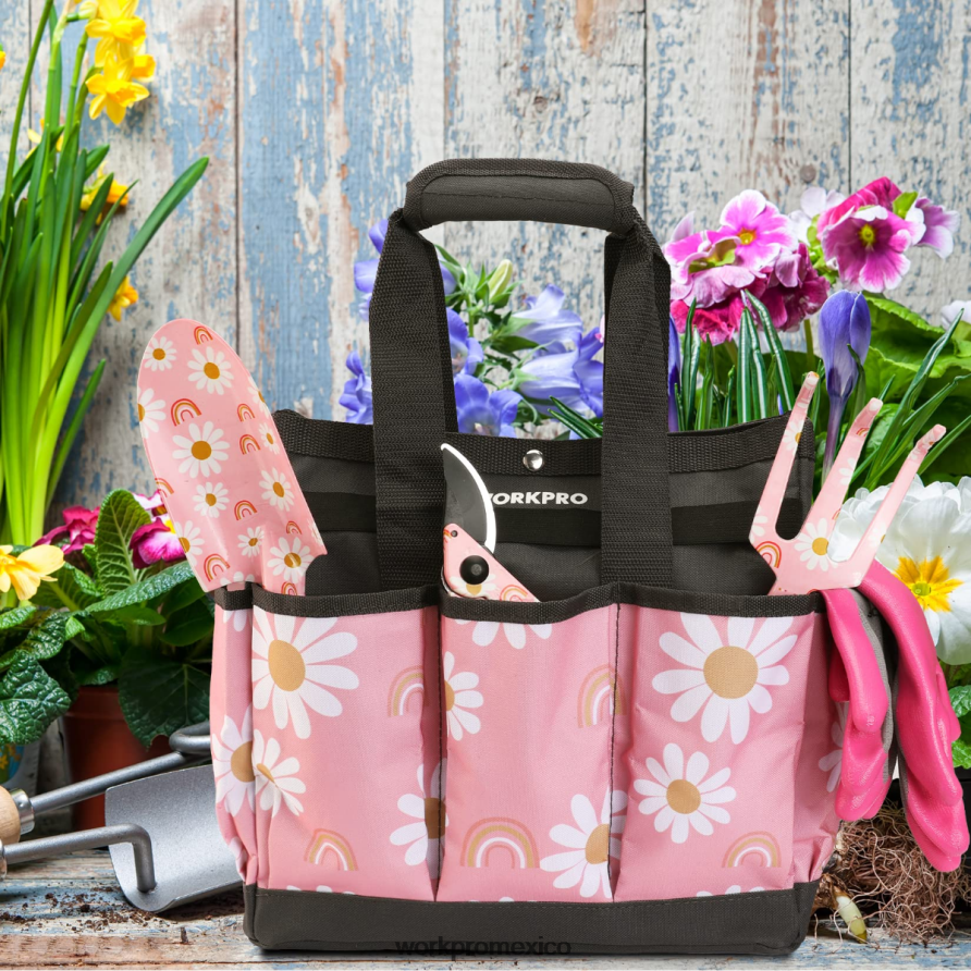 WORKPRO bolsa de herramientas de jardín con 9 bolsillos blanco floral/rosa floral almacenamiento V82RH2286