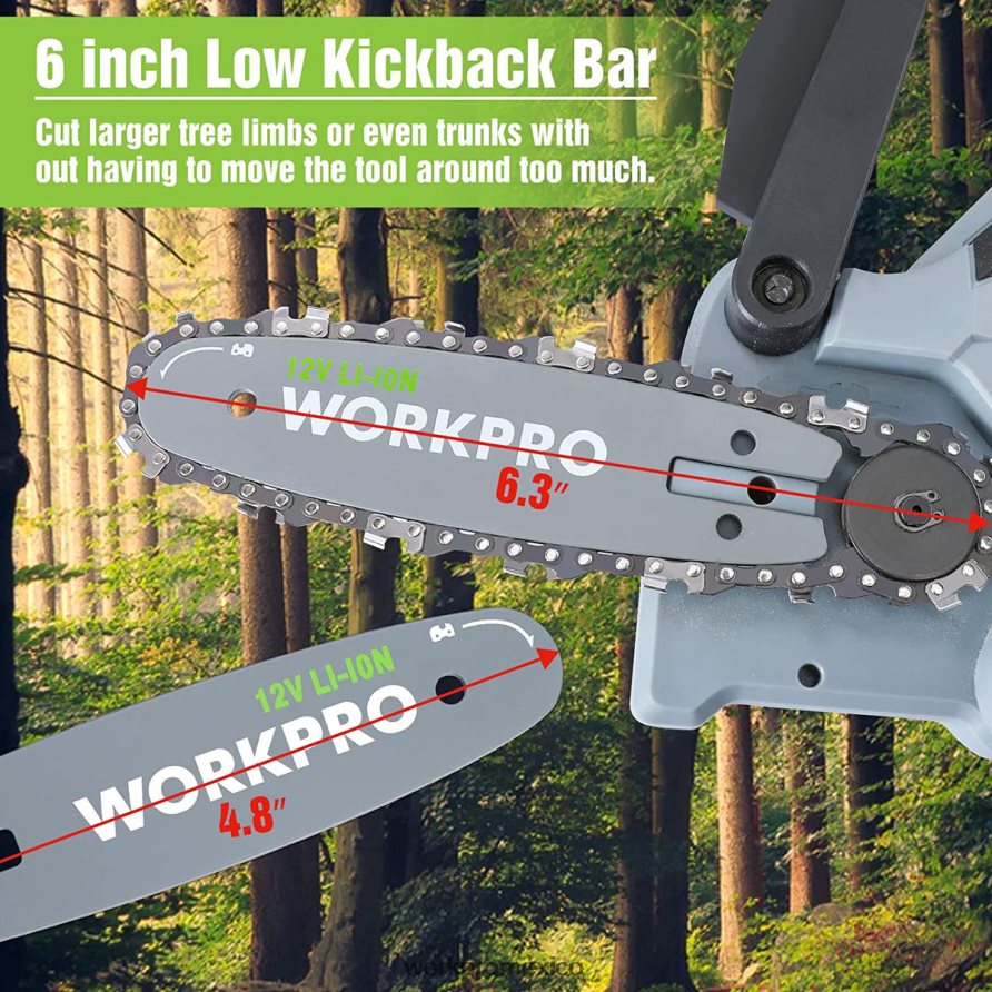 WORKPRO Mini motosierra, motosierra eléctrica compacta inalámbrica con 2 baterías, barra guía y cadena de repuesto. nuevo herramienta V82RH2291