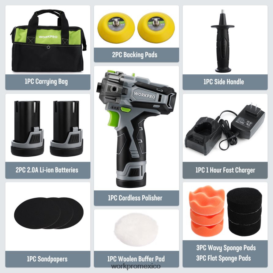 WORKPRO Pulidora inalámbrica de 12 V, mini kit de máquina pulidora y lijadora para detalles de automóviles con 2 baterías de iones de litio útil herramienta V82RH2229
