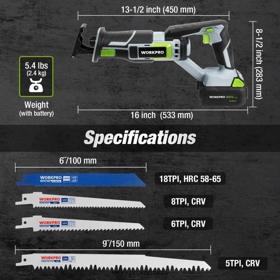 WORKPRO Sierra alternativa inalámbrica, 4 hojas de sierra para cortar madera y metal incluidas. nuevo herramienta V82RH2184