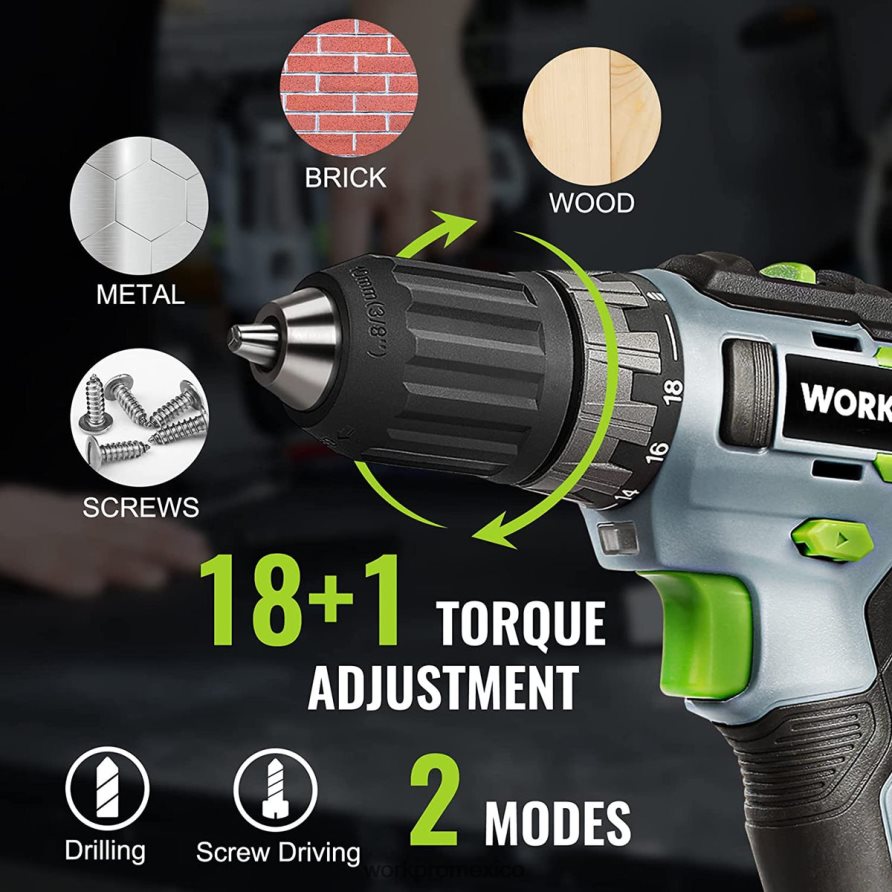 WORKPRO Incluye kit de taladro atornillador inalámbrico de 20 V, batería de iones de litio de 2,0 Ah, cargador rápido de 1 hora y bolsa de almacenamiento de 11 pulgadas. verde herramienta V82RH2176