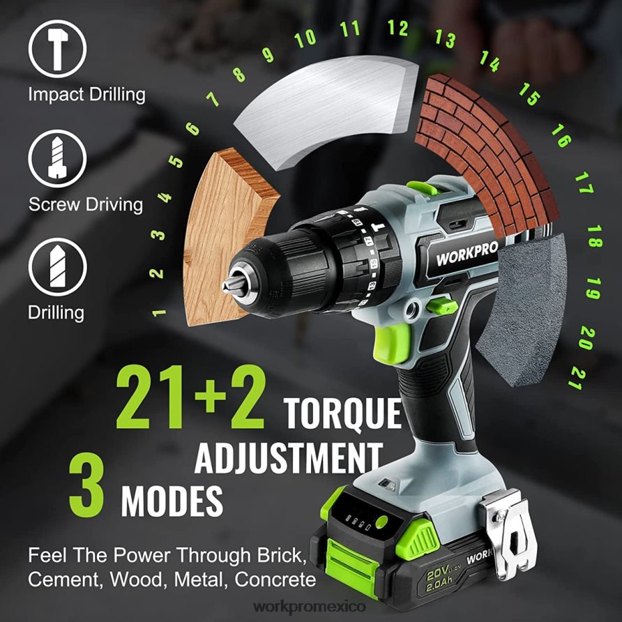 WORKPRO Juego de taladro inalámbrico de 20 V máximo, herramienta de taladro de impacto eléctrico con 102 piezas de accesorios, 2 baterías de iones de litio de 2,0 Ah con cargador rápido útil herramien