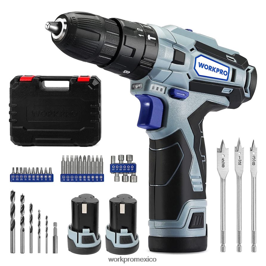 WORKPRO Kit taladro atornillador inalámbrico 12v 2 velocidades, 2 baterías li-ion 2000 mah y cargador rápido moderno herramienta V82RH2168