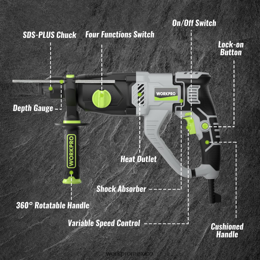 WORKPRO Taladro percutor rotativo sds-plus premium de 7,5 amperios y 1-1/4 pulgadas, versión ligera con cable útil herramienta V82RH2178
