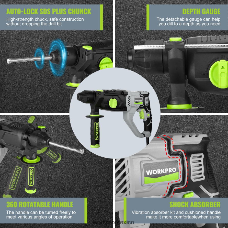 WORKPRO Taladro percutor rotativo sds-plus premium de 7,5 amperios y 1-1/4 pulgadas, versión ligera con cable útil herramienta V82RH2178