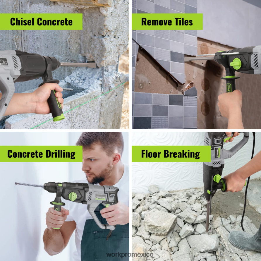 WORKPRO Taladro percutor rotativo sds-plus premium de 7,5 amperios y 1-1/4 pulgadas, versión ligera con cable útil herramienta V82RH2178