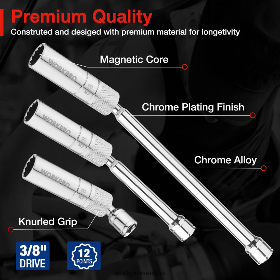 WORKPRO Juego de 6 enchufes de pared delgados de 9/16 pulgadas, 5/8 pulgadas, 13/16 pulgadas y 14 mm con extensiones de 4, 6 y 11 pulgadas, juego de enchufes para bujías giratorios magnéticos nuevo he