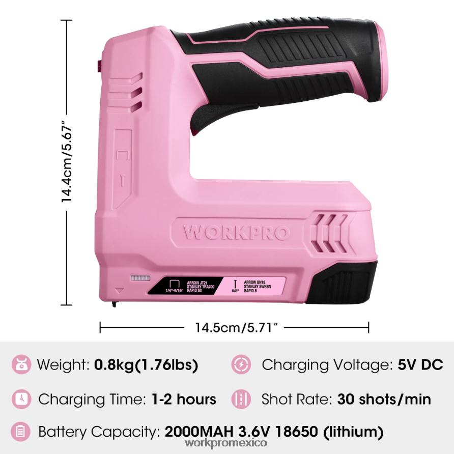 WORKPRO Pistola de grapas y clavos 2 en 1 inalámbrica eléctrica con batería de 3,6 v 2,0 Ah rosa/gris herramienta V82RH2265