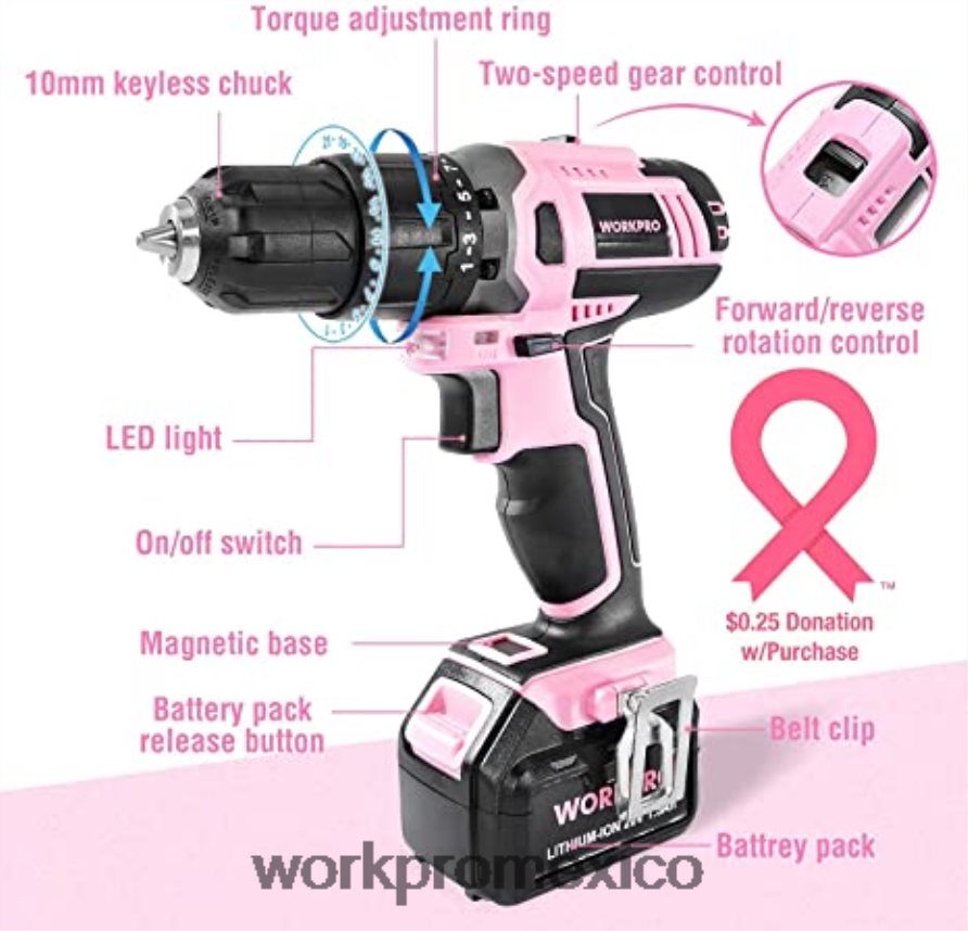 WORKPRO Juego de taladro atornillador inalámbrico de 20 V, minialicates de 6 piezas, kit de herramientas de 10 piezas y pistola de pegamento inalámbrica rosa herramienta V82RH2316