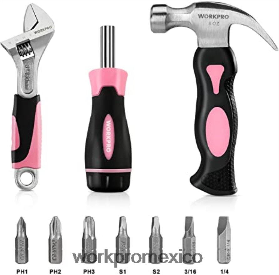 WORKPRO Juego de taladro atornillador inalámbrico de 20 V, minialicates de 6 piezas, kit de herramientas de 10 piezas y pistola de pegamento inalámbrica rosa herramienta V82RH2316