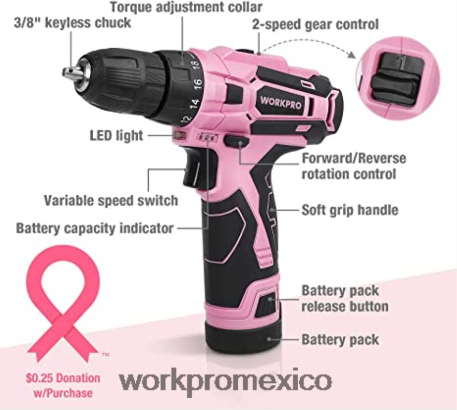 WORKPRO Juego de taladro inalámbrico de 12v, pistola grapadora 6 en 1, juego de destornilladores magnéticos de 8 piezas y pistola de pegamento termofusible inalámbrica rosa herramienta V82RH2313