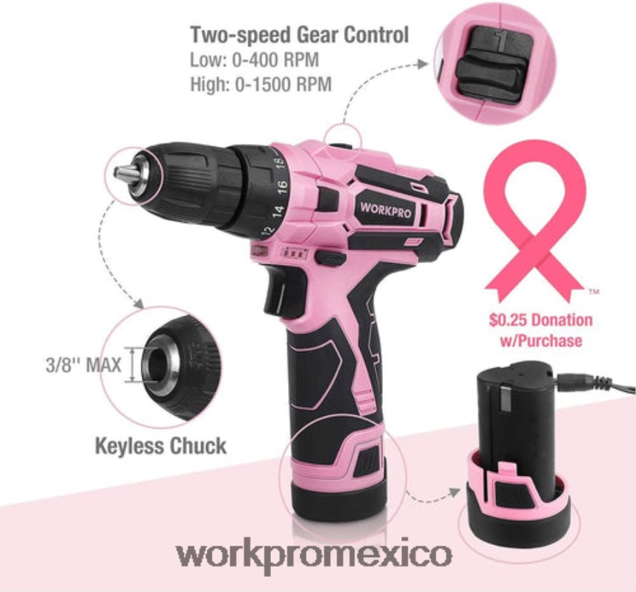 WORKPRO Kit de taladro inalámbrico de 12 V, kit de herramientas de 103 piezas, juego de destornilladores magnéticos de 8 piezas y pistola grapadora 6 en 1 rosa herramienta V82RH2315