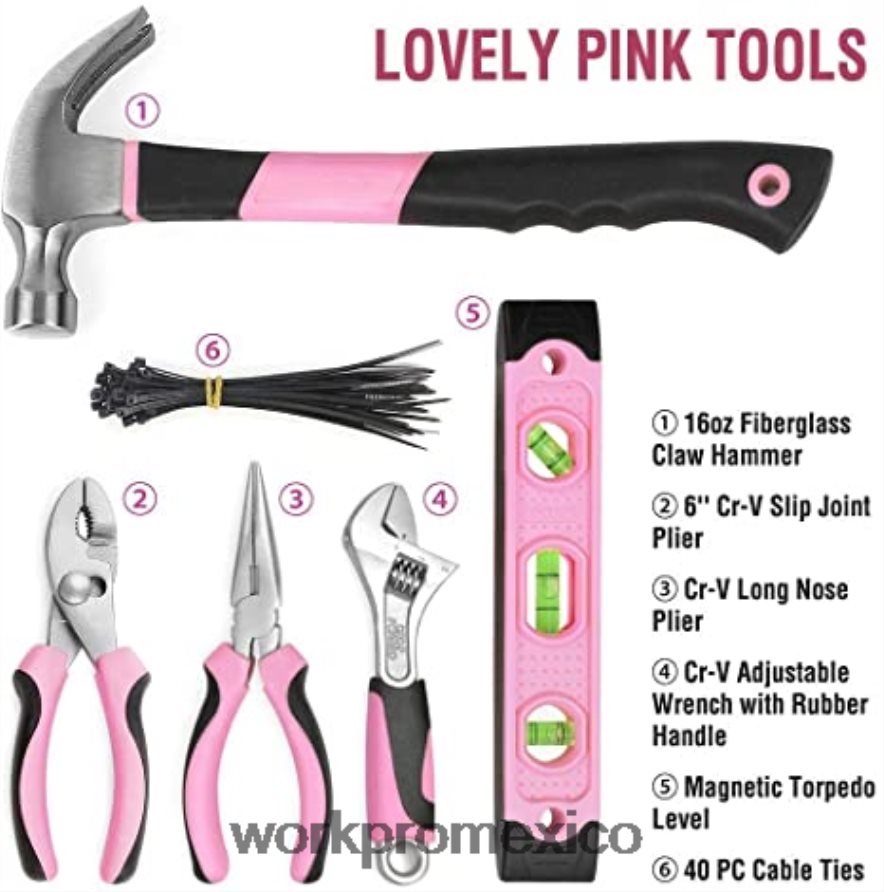 WORKPRO Kit de taladro inalámbrico de 12 V, kit de herramientas de 103 piezas, juego de destornilladores magnéticos de 8 piezas y pistola grapadora 6 en 1 rosa herramienta V82RH2315