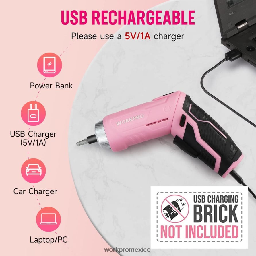 WORKPRO Juego de herramientas de 55 piezas, destornillador inalámbrico giratorio de 3,7 V y kit de herramientas para el hogar rosa herramienta V82RH2264