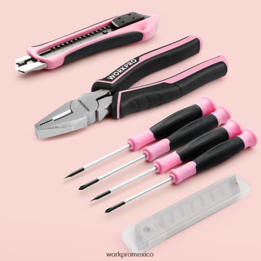 WORKPRO Juego de herramientas de 55 piezas, destornillador inalámbrico giratorio de 3,7 V y kit de herramientas para el hogar rosa herramienta V82RH2264