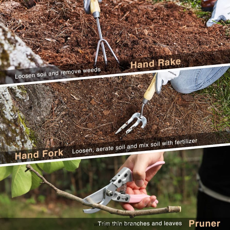 WORKPRO Juego de herramientas de jardín de 7 piezas, herramientas de jardinería resistentes de acero inoxidable rosa herramienta V82RH2252