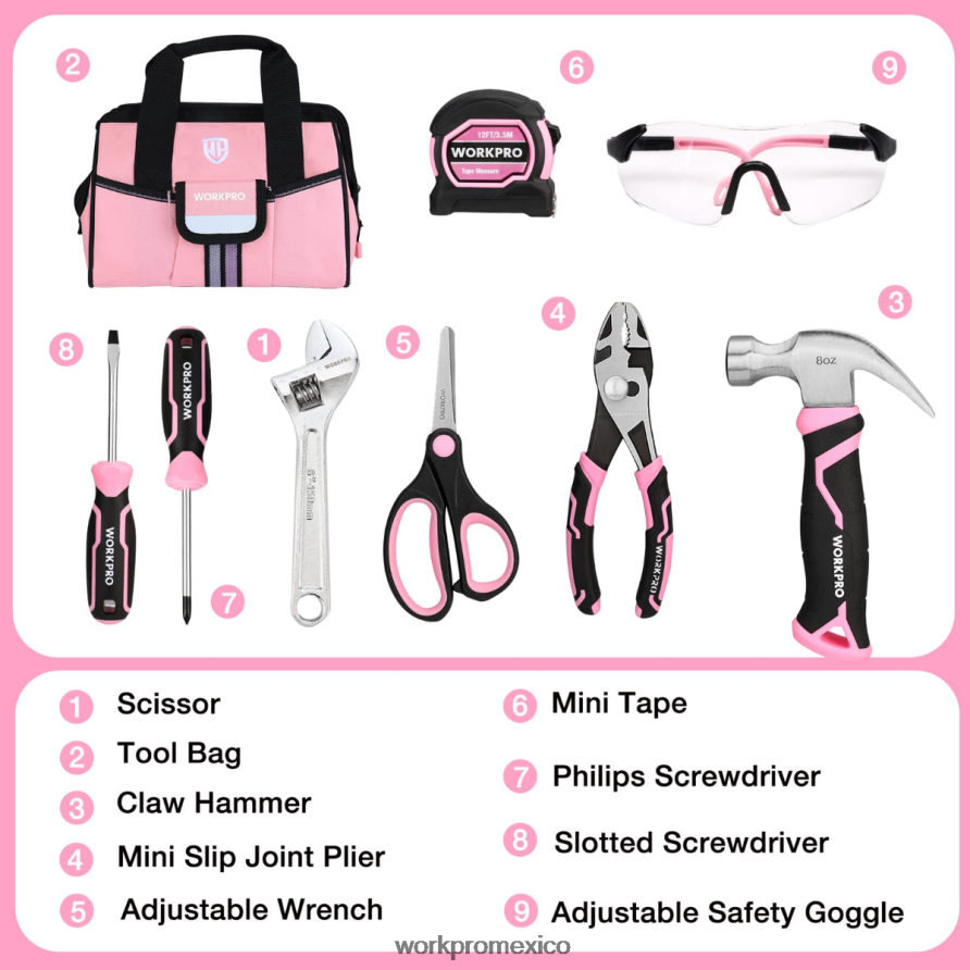 WORKPRO Juego de herramientas junior para niños de 9 piezas con bolsa de herramientas rosado azul herramienta V82RH2253