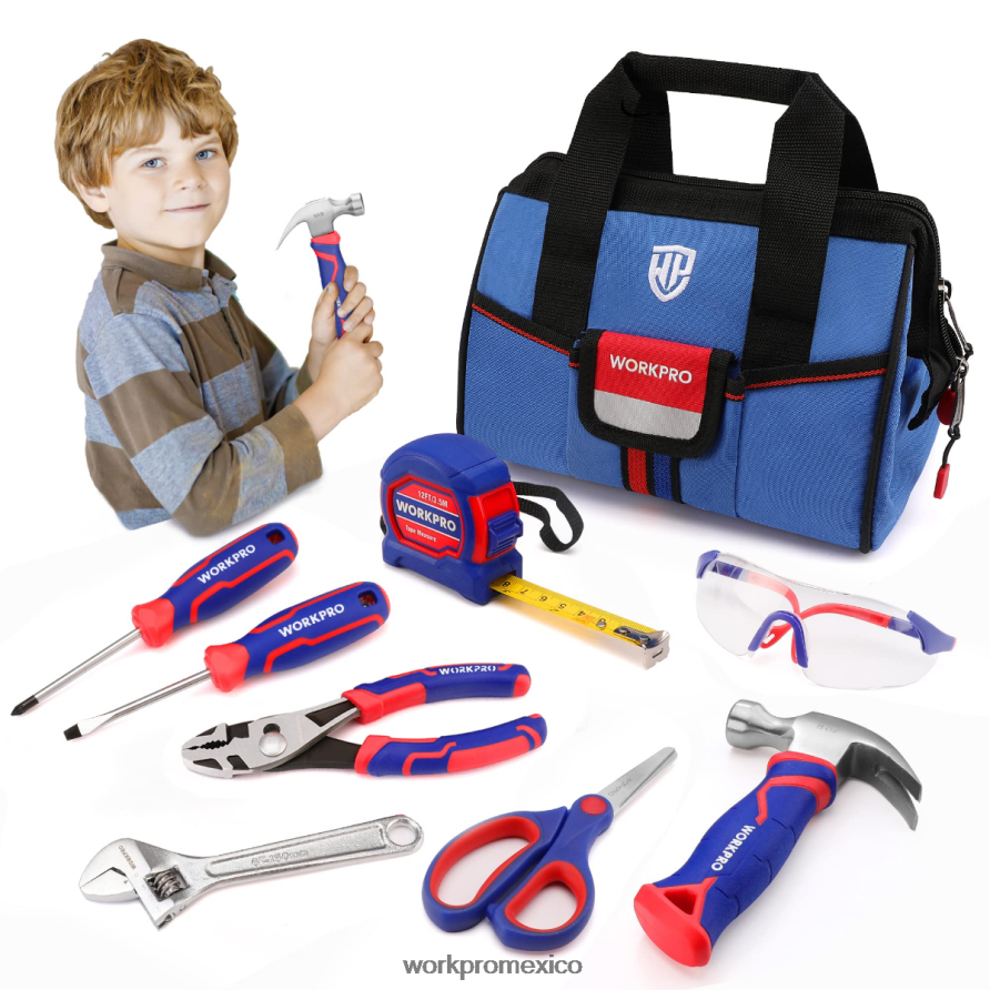 WORKPRO Juego de herramientas junior para niños de 9 piezas con bolsa de herramientas rosado azul herramienta V82RH2253