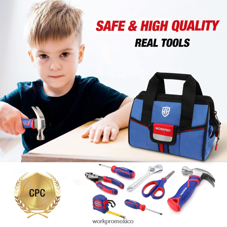 WORKPRO Juego de herramientas junior para niños de 9 piezas con bolsa de herramientas rosado azul herramienta V82RH2253