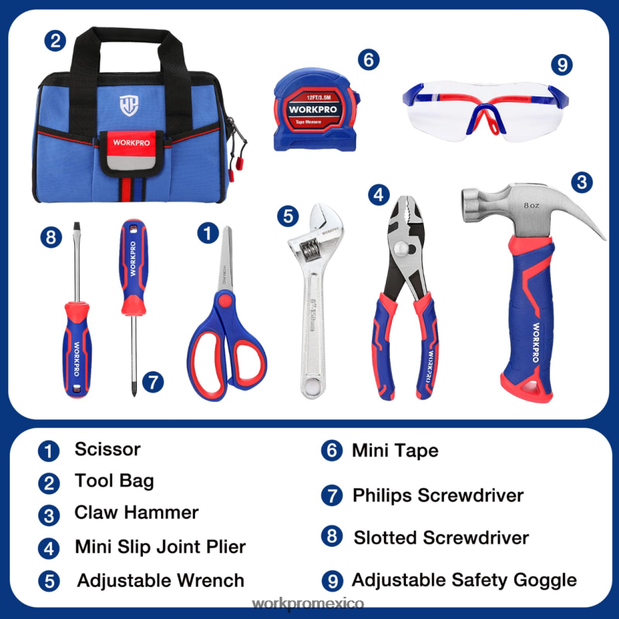 WORKPRO Juego de herramientas junior para niños de 9 piezas con bolsa de herramientas rosado azul herramienta V82RH2253