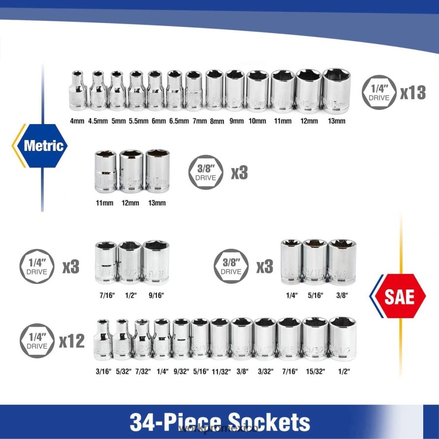 WORKPRO Juego de herramientas mecánicas con llave de vaso de 39 piezas con caja de herramientas métrica y sae útil herramienta V82RH2310