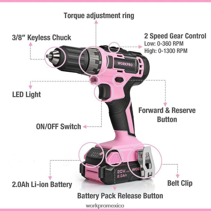 WORKPRO Juego de taladro atornillador inalámbrico de 20 V con cargador rápido y bolsa de almacenamiento de 11 pulgadas incluida rosa herramienta V82RH2261