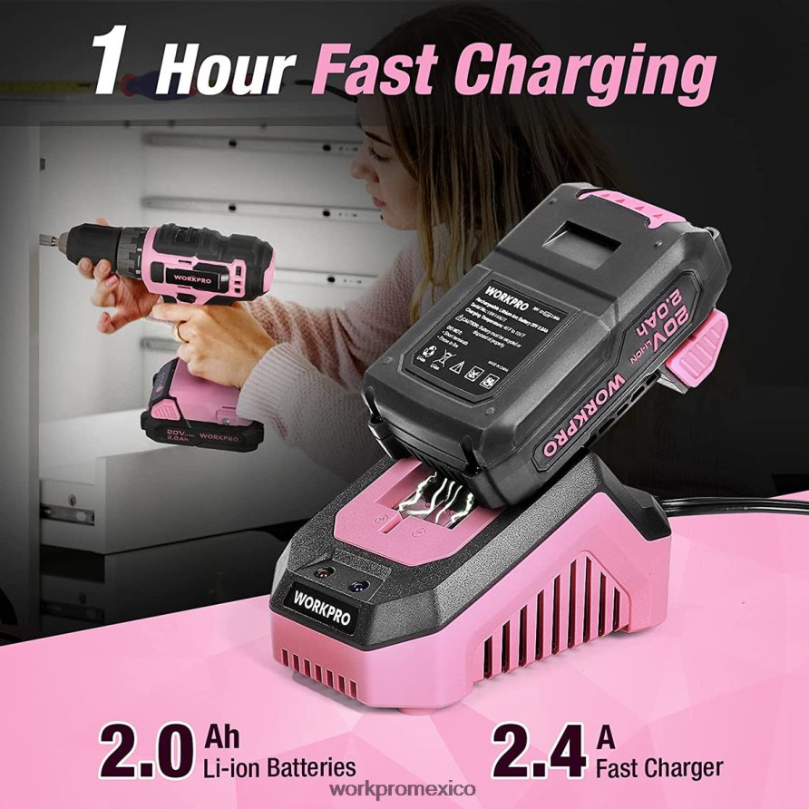 WORKPRO Juego de taladro atornillador inalámbrico de 20 V con cargador rápido y bolsa de almacenamiento de 11 pulgadas incluida rosa herramienta V82RH2261