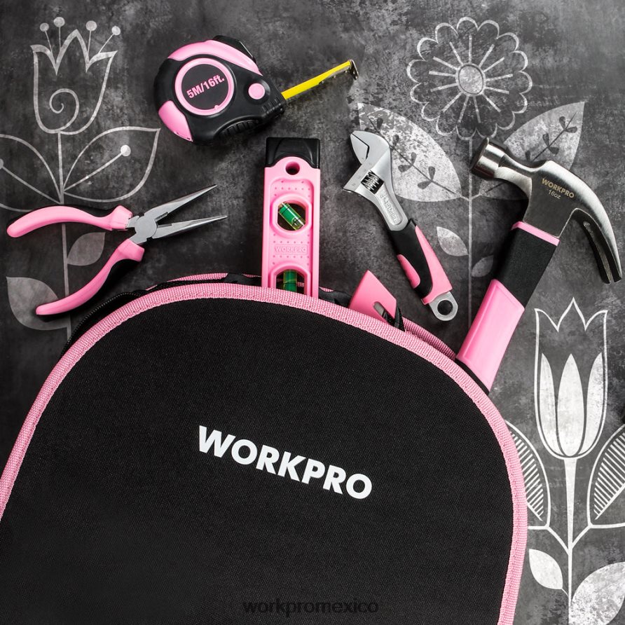 WORKPRO Kit de herramientas de 103 piezas con bolsa redonda fácil de transportar, perfecta para el mantenimiento del hogar. rosa herramienta V82RH2248