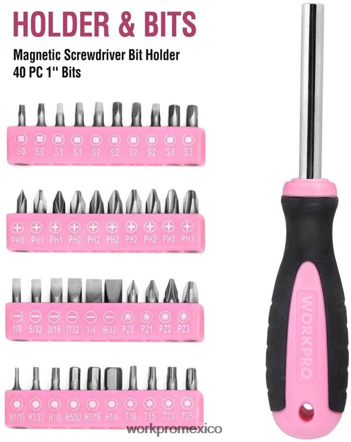 WORKPRO Kit de herramientas de 103 piezas con bolsa redonda fácil de transportar, perfecta para el mantenimiento del hogar. rosa herramienta V82RH2248